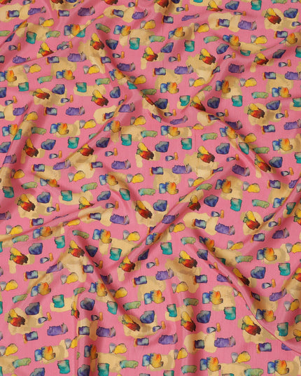 Bright Pink and Multicolor Abstract Viscose Modal Satin Fabric - 110 cm Width-D19986