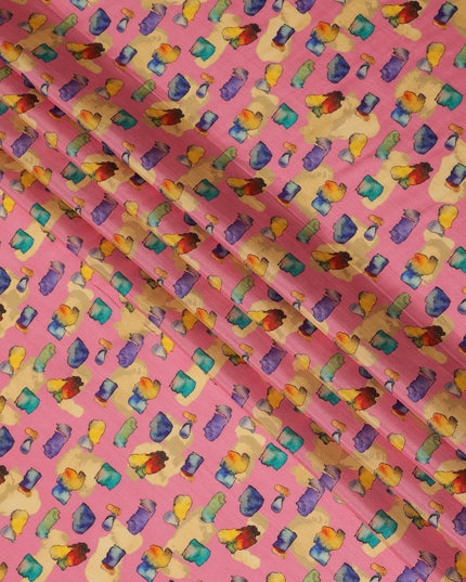 Bright Pink and Multicolor Abstract Viscose Modal Satin Fabric - 110 cm Width-D19986