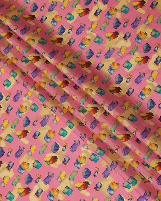 Bright Pink and Multicolor Abstract Viscose Modal Satin Fabric - 110 cm Width-D19986