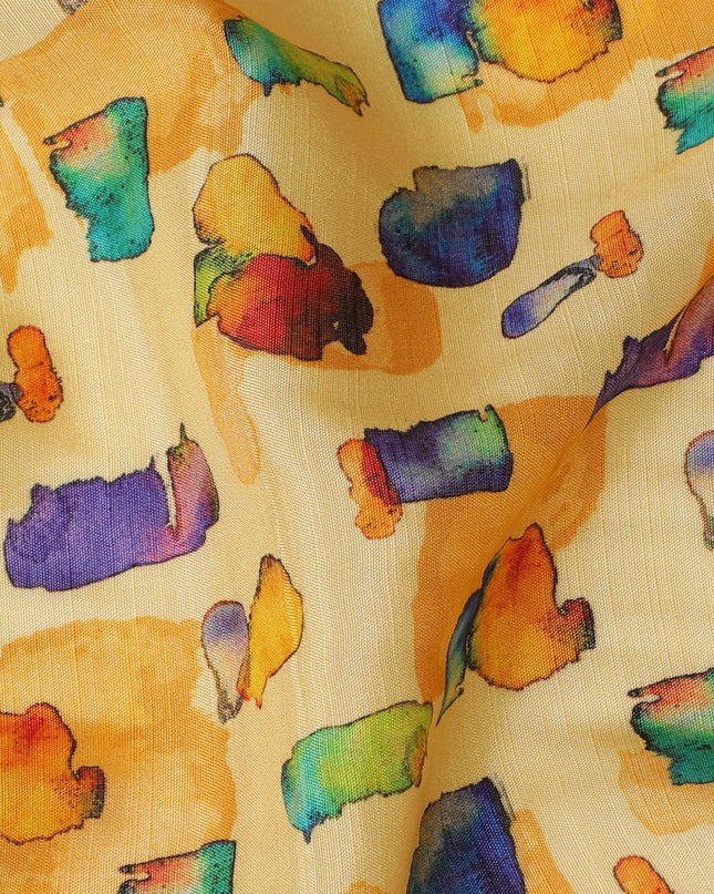 Golden Yellow and Multicolor Abstract Viscose Modal Satin Fabric - 110 cm Width-D19987