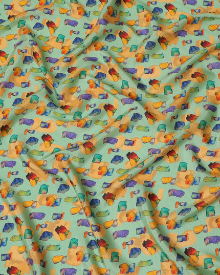 Mint Green and Multicolor Abstract Viscose Modal Satin Fabric - 110 cm Width-D19988