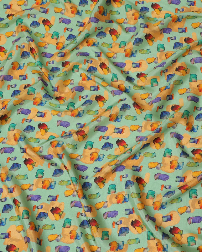 Mint Green and Multicolor Abstract Viscose Modal Satin Fabric - 110 cm Width-D19988