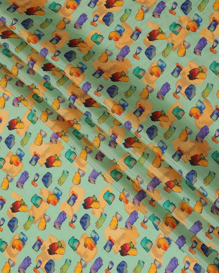 Mint Green and Multicolor Abstract Viscose Modal Satin Fabric - 110 cm Width-D19988