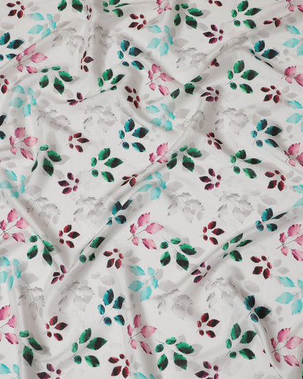 White with Multicolor Leaf Print Viscose Digital Printed Fabric - 110 cm Width-D19992