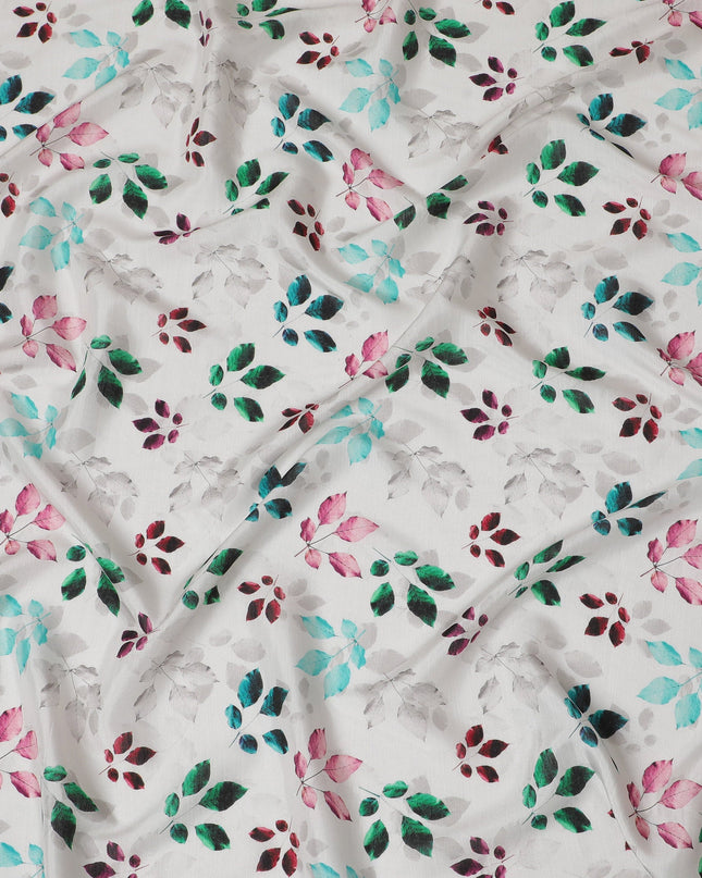 White with Multicolor Leaf Print Viscose Digital Printed Fabric - 110 cm Width-D19992