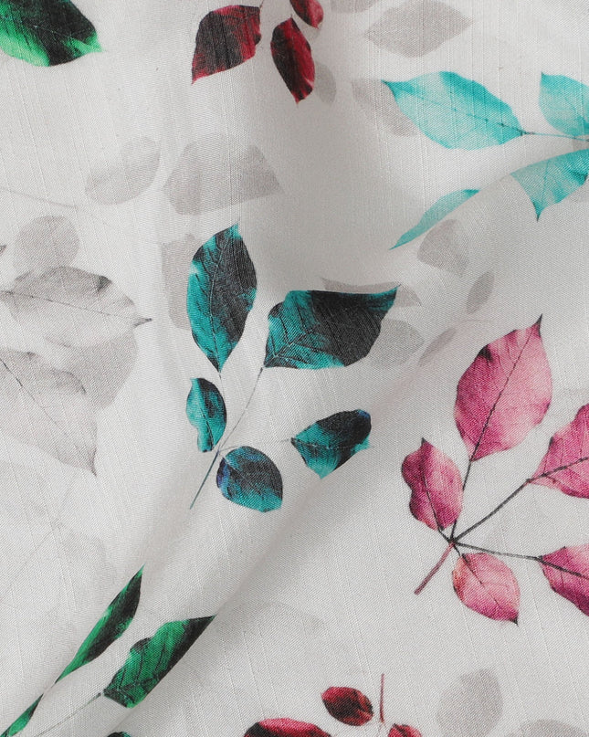 White with Multicolor Leaf Print Viscose Digital Printed Fabric - 110 cm Width-D19992