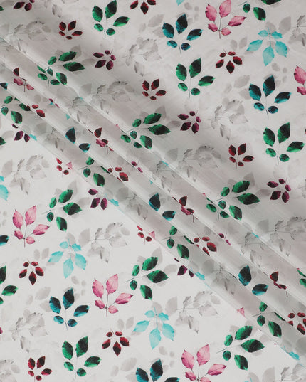 White with Multicolor Leaf Print Viscose Digital Printed Fabric - 110 cm Width-D19992