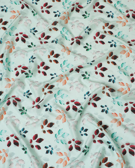 Light Mint with Multicolor Leaf Print Viscose Digital Printed Fabric - 110 cm Width-D19993