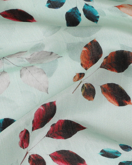 Light Mint with Multicolor Leaf Print Viscose Digital Printed Fabric - 110 cm Width-D19993