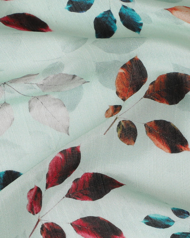 Light Mint with Multicolor Leaf Print Viscose Digital Printed Fabric - 110 cm Width-D19993