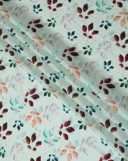 Light Mint with Multicolor Leaf Print Viscose Digital Printed Fabric - 110 cm Width-D19993