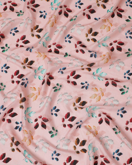 Light Pink with Multicolor Leaf Print Viscose Digital Printed Fabric - 110 cm Width-D19994