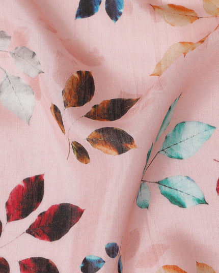 Light Pink with Multicolor Leaf Print Viscose Digital Printed Fabric - 110 cm Width-D19994