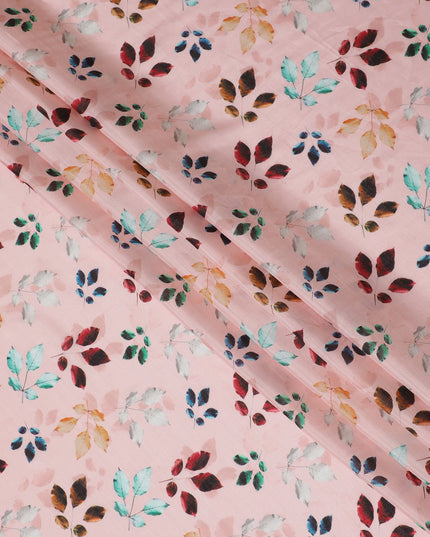 Light Pink with Multicolor Leaf Print Viscose Digital Printed Fabric - 110 cm Width-D19994