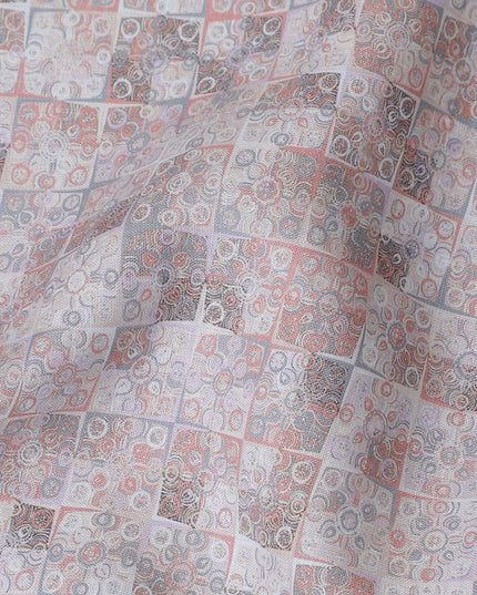 Soft Grey and Pastel Pink Geometric Pure Linen Fabric - 150 cm Width-D19995