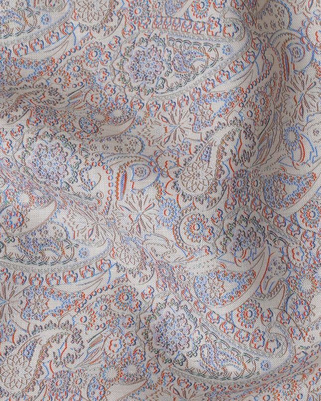 Beige with Blue and Orange Paisley Pure Linen Fabric - 150 cm Width-D19996