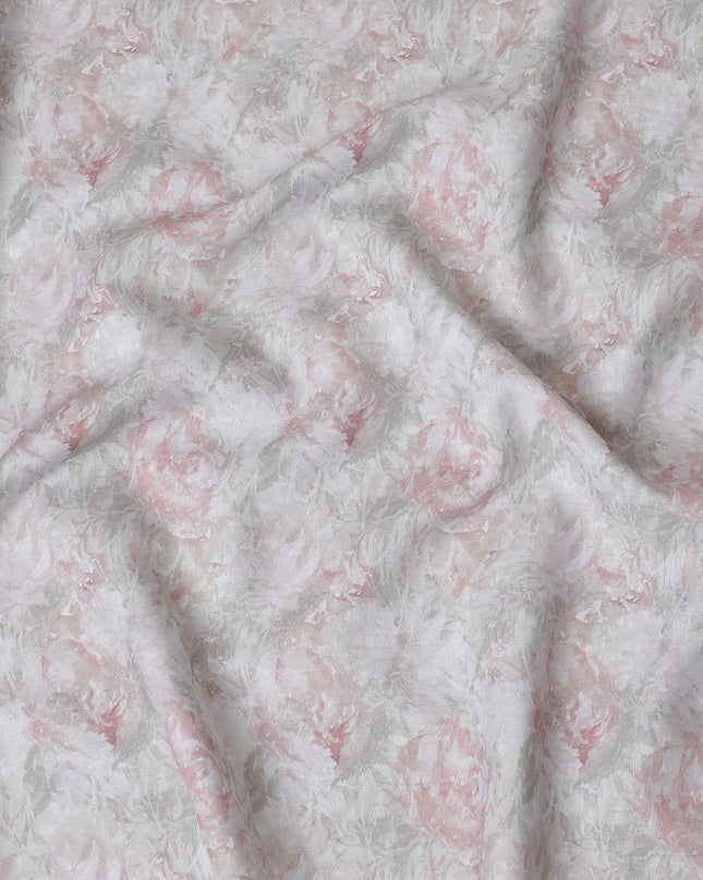 Soft White with Pastel Pink Floral Pure Linen Fabric - 150 cm Width-D19997