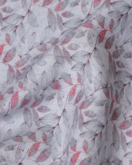 Light Grey with Pink Leaf Print Pure Linen Fabric - 150 cm Width-D19998