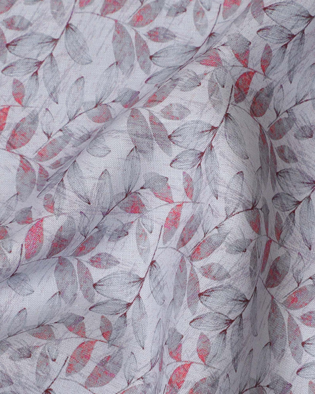 Light Grey with Pink Leaf Print Pure Linen Fabric - 150 cm Width-D19998