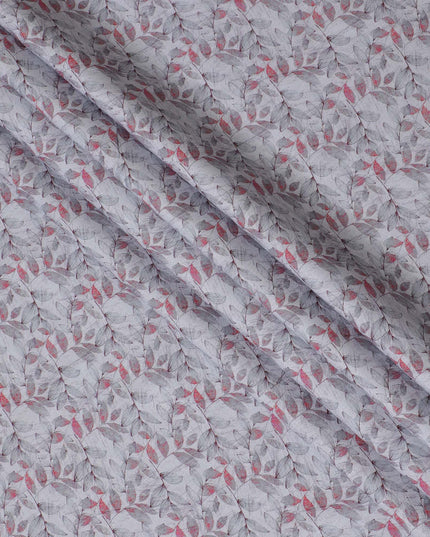 Light Grey with Pink Leaf Print Pure Linen Fabric - 150 cm Width-D19998