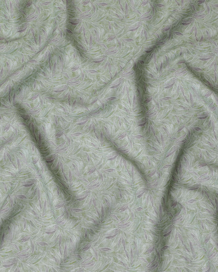 Light Green and Lavender Leaf Print Pure Linen Fabric - 150 cm Width-D20001