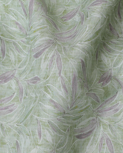 Light Green and Lavender Leaf Print Pure Linen Fabric - 150 cm Width-D20001