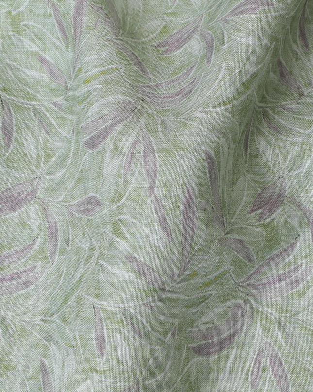 Light Green and Lavender Leaf Print Pure Linen Fabric - 150 cm Width-D20001