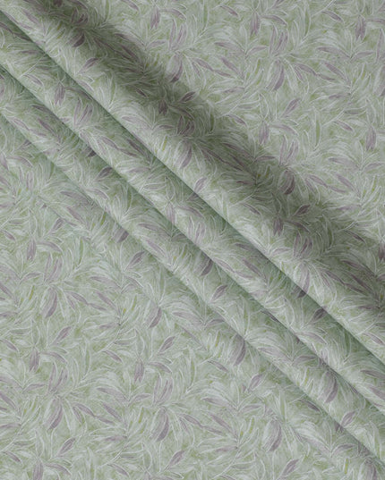 Light Green and Lavender Leaf Print Pure Linen Fabric - 150 cm Width-D20001