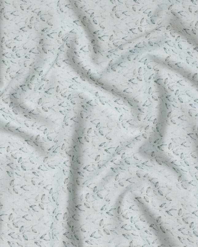 Light Blue and Grey Leaf Print Pure Linen Fabric - 150 cm Width-D20002