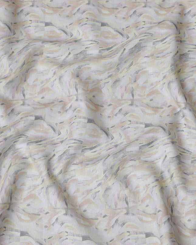 Pastel Yellow and Pink Abstract Print Pure Linen Fabric - 150 cm Width-D20003