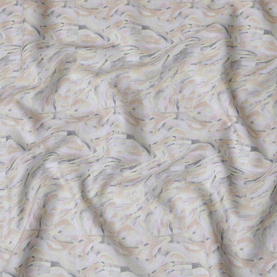 Pastel Yellow and Pink Abstract Print Pure Linen Fabric - 150 cm Width-D20003
