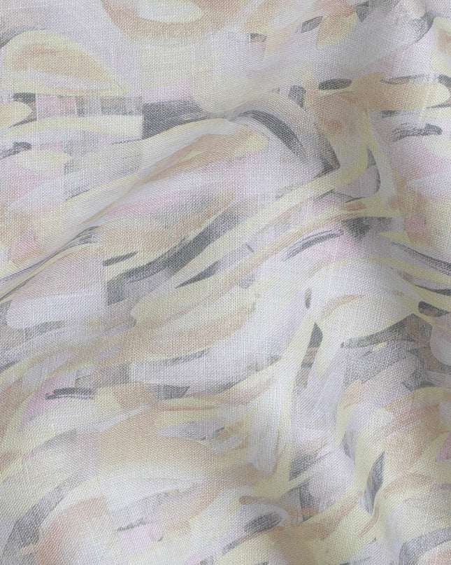 Pastel Yellow and Pink Abstract Print Pure Linen Fabric - 150 cm Width-D20003