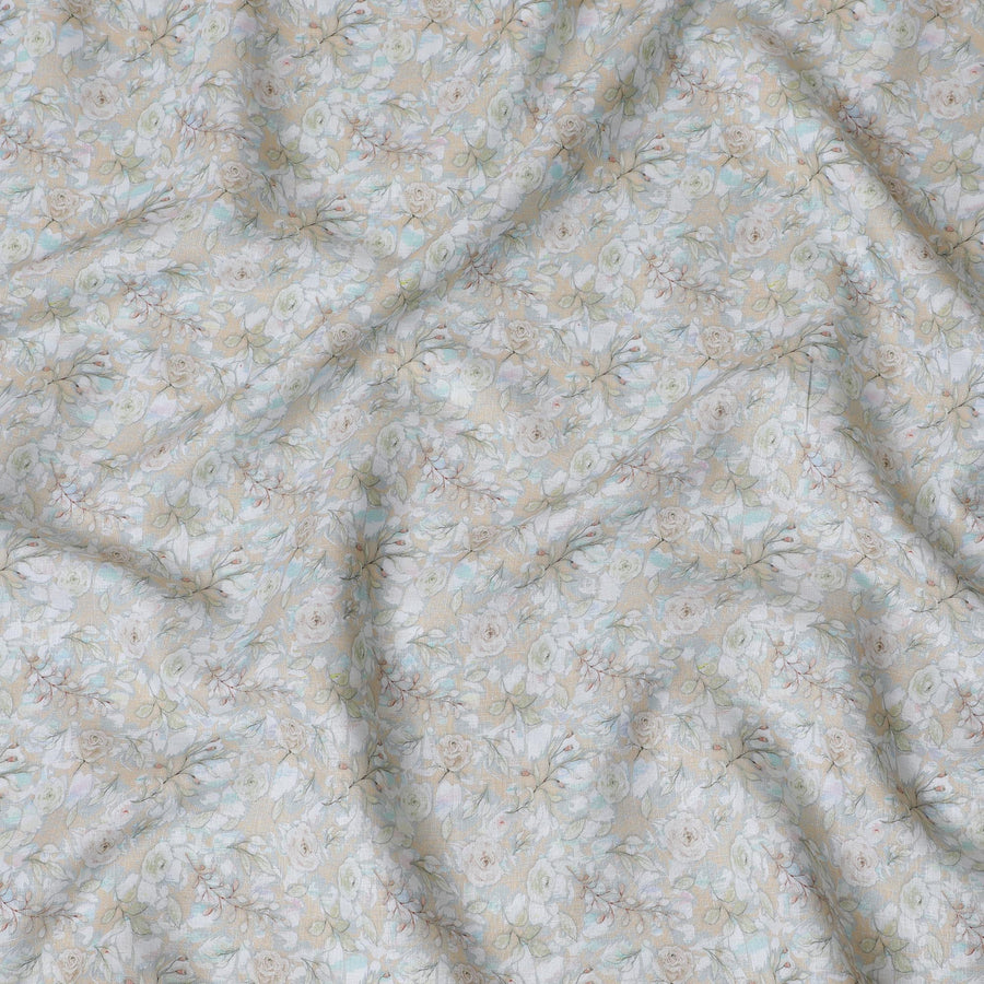 قماش الكتان الخالص بطبعات زهور الباستيل باللون البيج الناعم - عرض 150 سم-D20004