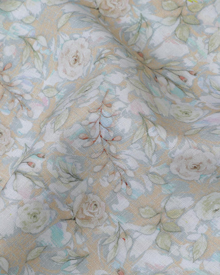 Soft Beige with Pastel Floral Print Pure Linen Fabric - 150 cm Width-D20004