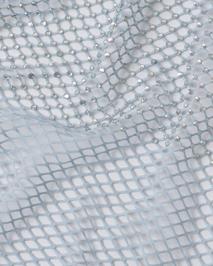 Ice Blue Crystal Embellished Nylon Mesh Tulle Fabric, 150cm Width – Perfect for Dance Costumes and Elegant Drapes-D20081