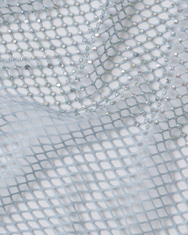 Ice Blue Crystal Embellished Nylon Mesh Tulle Fabric, 150cm Width – Perfect for Dance Costumes and Elegant Drapes-D20081