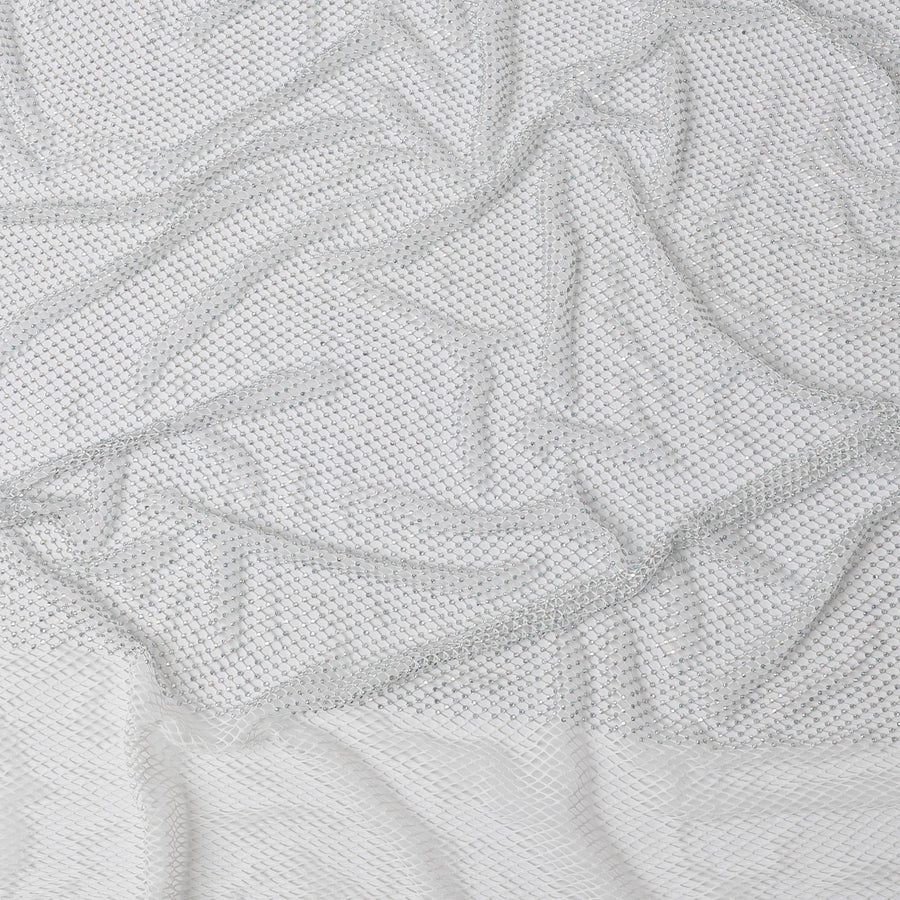 قماش شبكي من النايلون مزين بالكريستال الأبيض الكلاسيكي، عرض 150 سم - مثالي لحفلات الزفاف وديكور الحفلات - D20082