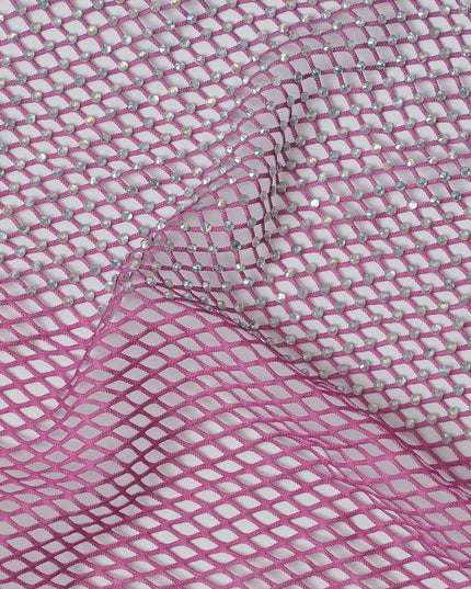 Vibrant Magenta Crystal Embellished Nylon Mesh Tulle Fabric, 150cm Width – Ideal for Fashion and Décor-D20083