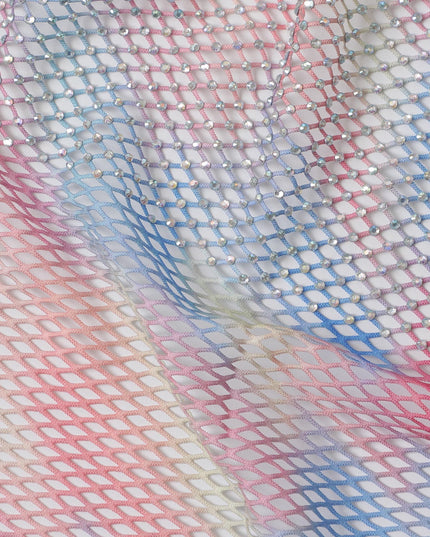 Rainbow Gradient Crystal Embellished Nylon Mesh Tulle Fabric, 150cm Width – Perfect for Vibrant Costumes and Décor-D20084