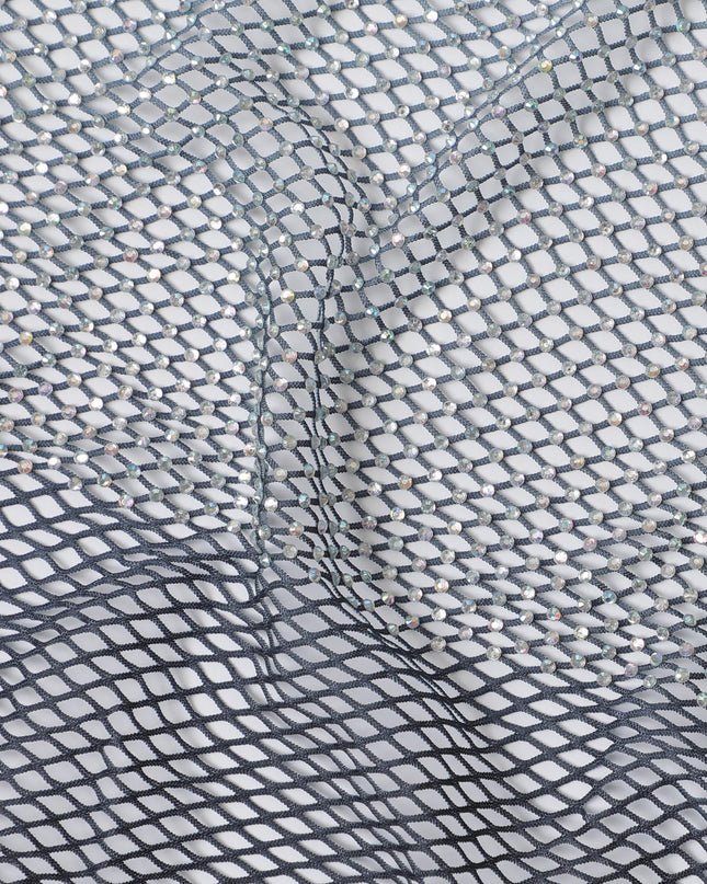 Sleek Silver Crystal Embellished Nylon Mesh Tulle Fabric, 150cm Width – Ideal for Glamorous Evening Wear and Décor-D20085