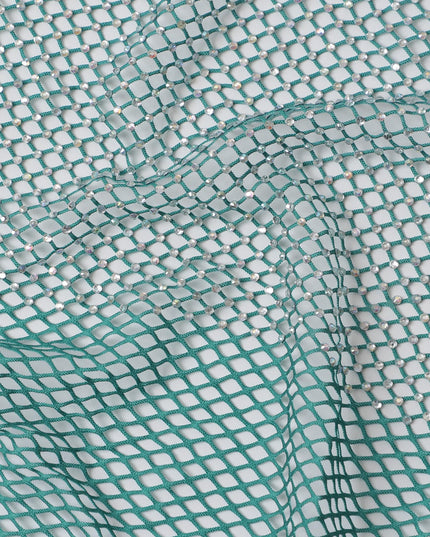 Mint Green Crystal Embellished Nylon Mesh Tulle Fabric, 150cm Width – Ideal for Refreshing Springtime Decor and Apparel-D20086