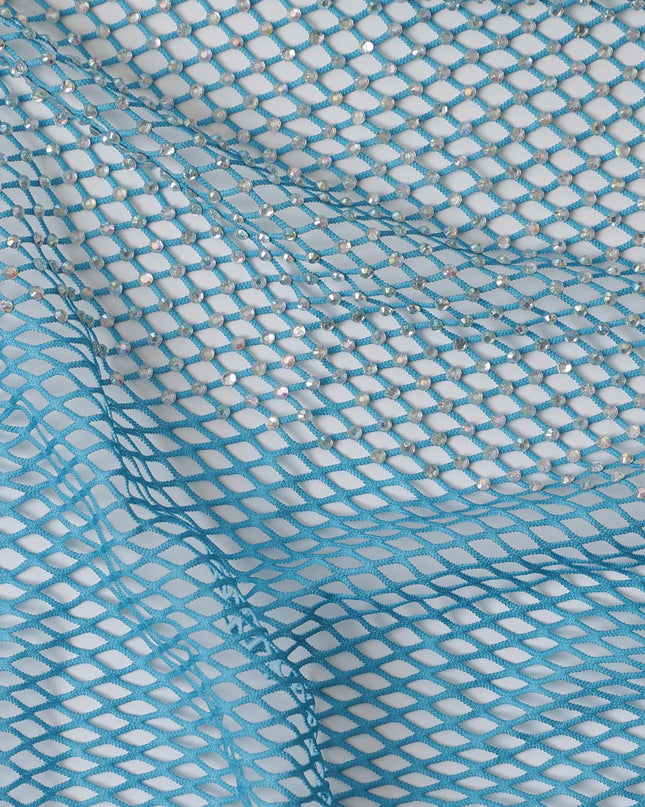 Ocean Blue Crystal Embellished Nylon Mesh Tulle Fabric, 150cm Width – Ideal for Aquatic-Themed Apparel and Décor-D20087