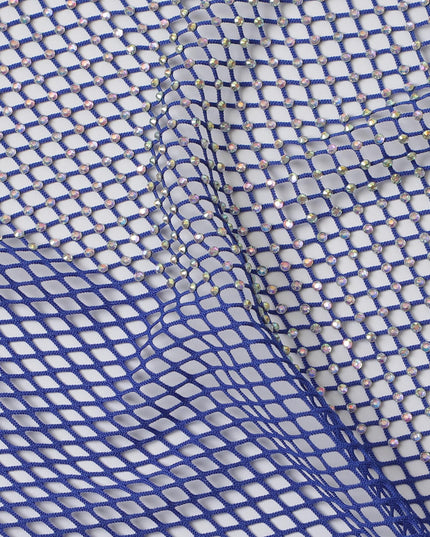 Royal Blue Crystal Embellished Nylon Mesh Tulle Fabric, 150cm Width – Perfect for Elegant Evening Gowns and Luxurious Decor-D20091