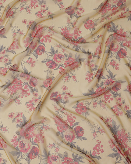 Elegant Cream Floral Silk Chiffon Fabric, 110cm Width – Perfect for Romantic Blouses and Flowing Dresses-D20092