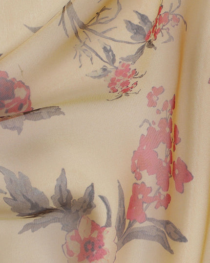 Elegant Cream Floral Silk Chiffon Fabric, 110cm Width – Perfect for Romantic Blouses and Flowing Dresses-D20092