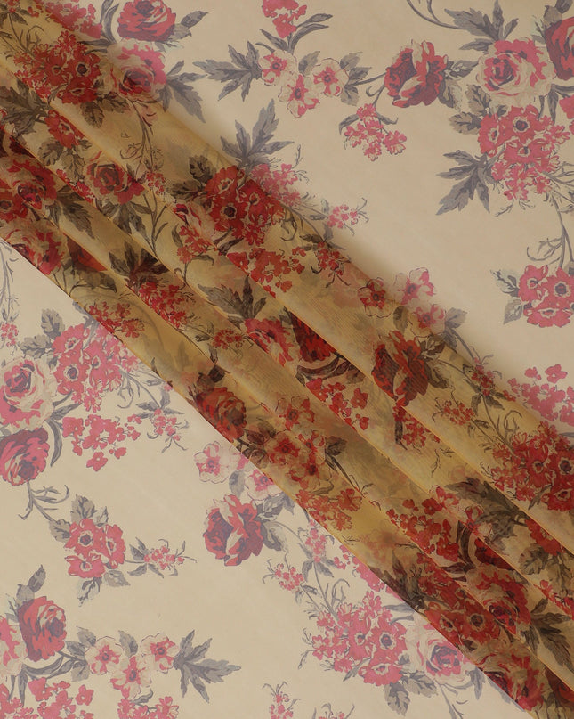 Elegant Cream Floral Silk Chiffon Fabric, 110cm Width – Perfect for Romantic Blouses and Flowing Dresses-D20092