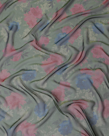 Soft Sage Green Floral Silk Chiffon Fabric, 110cm Width – Perfect for Spring Dresses and Scarves-D20093