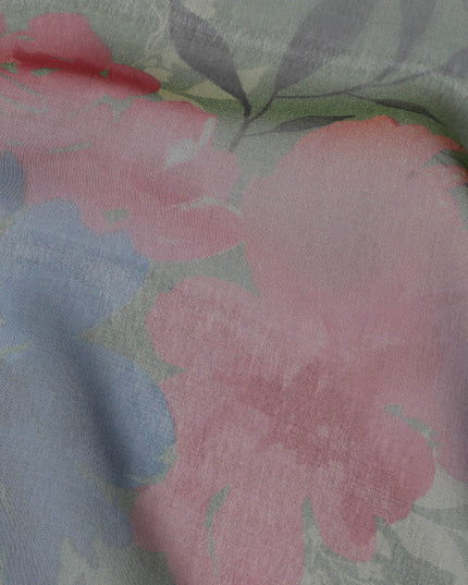 Soft Sage Green Floral Silk Chiffon Fabric, 110cm Width – Perfect for Spring Dresses and Scarves-D20093