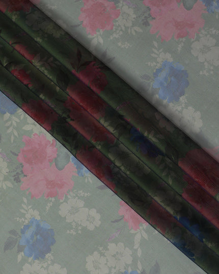 Soft Sage Green Floral Silk Chiffon Fabric, 110cm Width – Perfect for Spring Dresses and Scarves-D20093