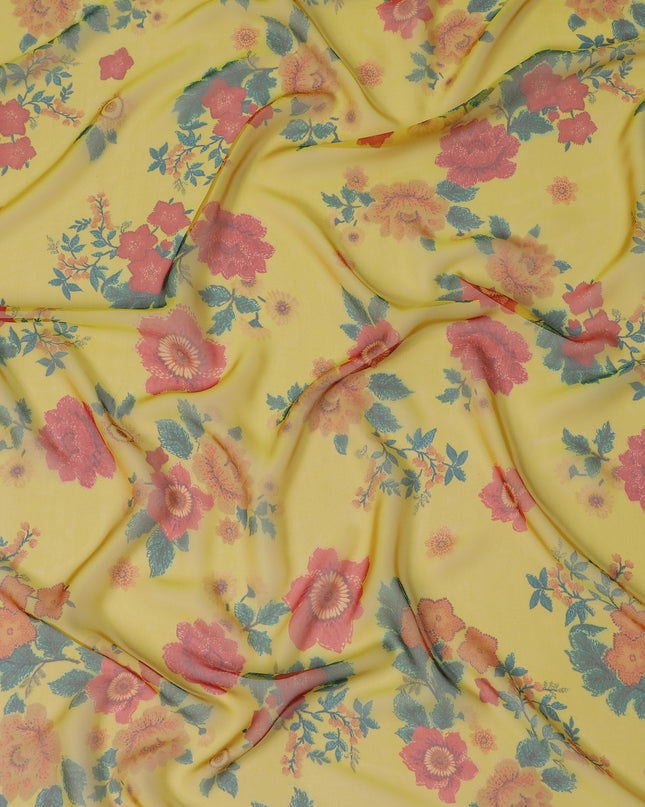 Vibrant Sunshine Yellow Floral Silk Chiffon Fabric, 110cm Width – Perfect for Summer Dresses and Scarves-D20094